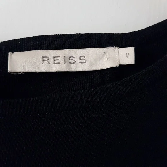 REISS Bodycon Boat Neck Knee Length Gold Detail Dress Dark Blue Sz M - Picture 13 of 15
